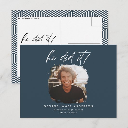 Hij deed het blauw modern afstuderen briefkaart (Voorkant / Achterkant)