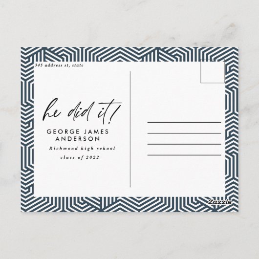 Hij deed het blauw modern afstuderen briefkaart (Achterkant)