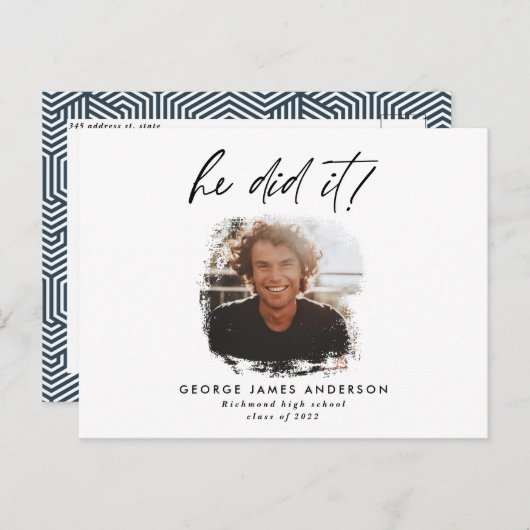 Hij deed het blauw modern afstuderen briefkaart (Voorkant / Achterkant)