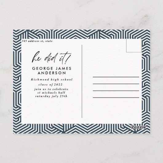 Hij deed het blauw modern afstuderen briefkaart (Achterkant)