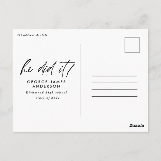 Hij deed het groene moderne afstuderen briefkaart (Achterkant)