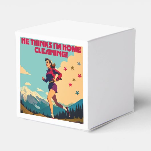 Hij denkt dat ik thuis Sassy Runner schoonmaak Bedankdoosjes (Achterkant)