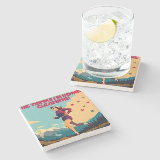 Hij denkt dat ik thuis Sassy Runner schoonmaak Stenen Onderzetter (Zijkant)