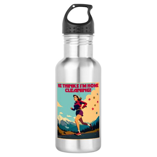 Hij denkt dat ik thuis Sassy Runner schoonmaak Waterfles (Voorkant)