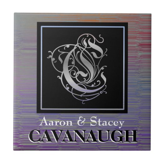 Hij en haar achternaam - Silver Black Monogram Teg Tegeltje (Voorkant)