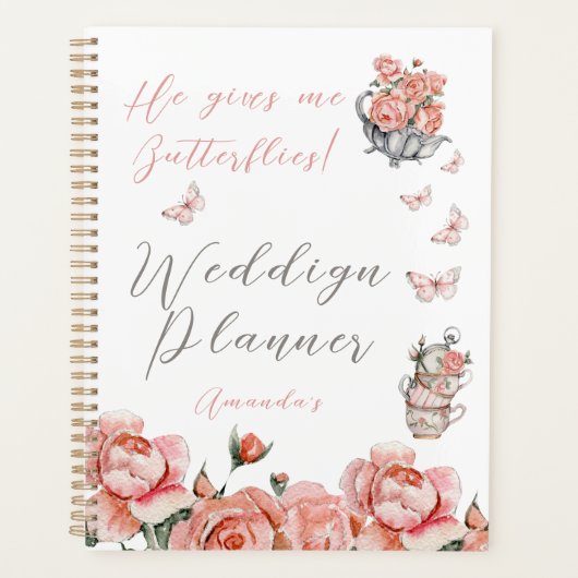Hij geeft Butterflies Blush Pink Tea Floral Weddin Planner (Voorkant)