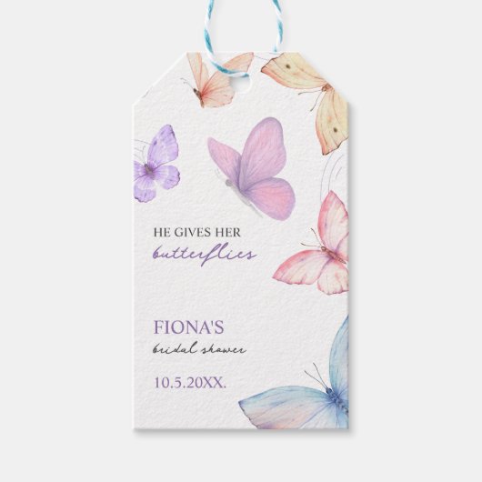 Hij geeft haar vlinders Vrijgezellenfeest Cadeaulabel (Voorkant)