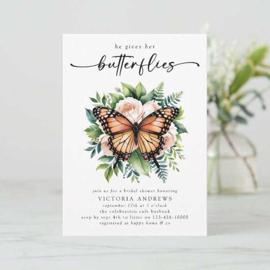Hij geeft haar vlinders Vrijgezellenfeest Kaart (Staand voorkant)