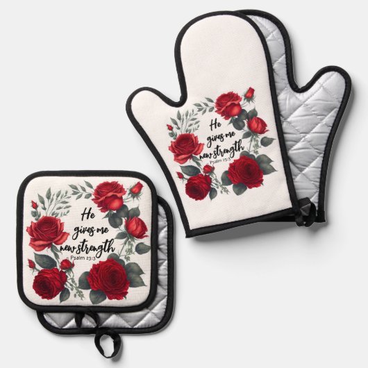 Hij geeft me nieuwe kracht ovenwant & pannenlap set (Voorkant / Achterkant)