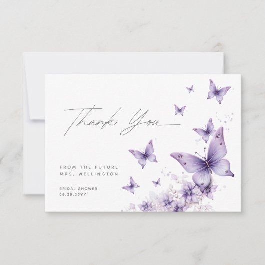 Hij geeft me paarse vlinders Bruids douche Bedankkaart (Voorkant)