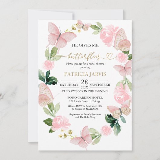 Hij geeft me vlinders bruids douche uitnodiging (Voorkant)