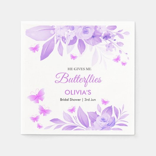 Hij Geeft Me Vlinders Paarse Bruidsmeisjes Bruilof Servet (Voorkant)