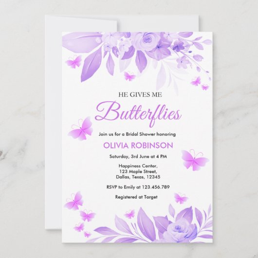 Hij geeft me vlinders Paarse Vrijgezellenfeest Kaart (Voorkant)