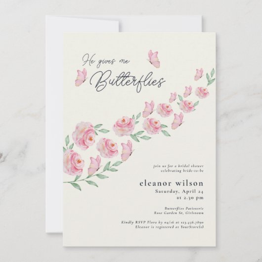 Hij geeft me vlinders roze bloemig Vrijgezellenfee Kaart (Voorkant)