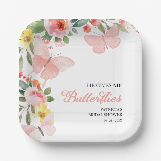 Hij geeft me vlinders Vrijgezellenfeest bloemen Papieren Bordje (Voorkant)