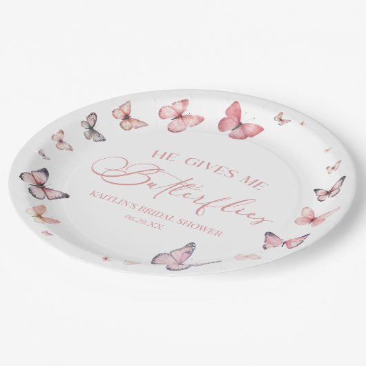Hij geeft me vlinders zacht roze Vrijgezellenfeest Papieren Bordje (Gekanteld)