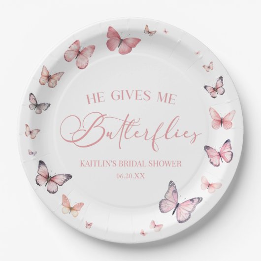 Hij geeft me vlinders zacht roze Vrijgezellenfeest Papieren Bordje (Voorkant)