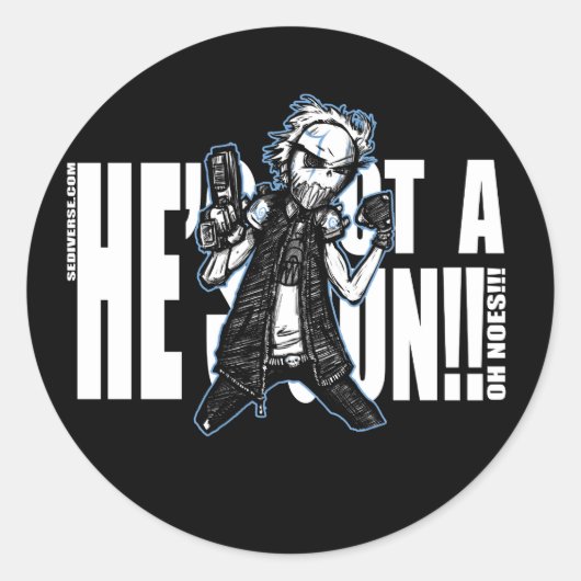 Hij heeft een Pistolen Sticker (Voorkant)