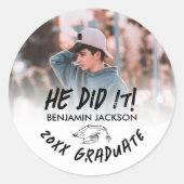 Hij Heeft Het Gedaald Foto Afstuderen Ronde Sticker (Voorkant)
