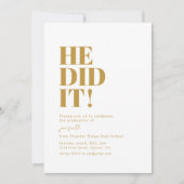 Hij heeft het gedaan! Uitnodiging voor afstudeerfe (Voorkant)