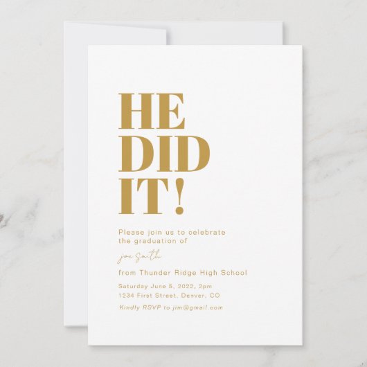 Hij heeft het gedaan! Uitnodiging voor afstudeerfe (Voorkant)