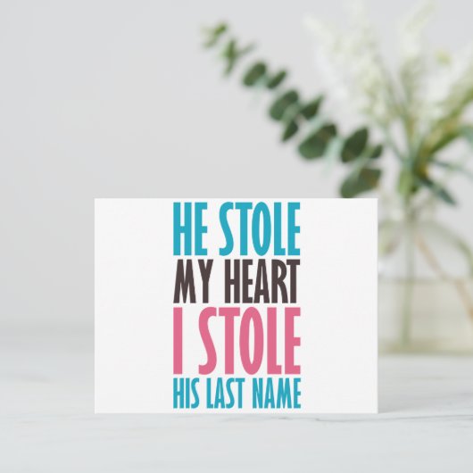Hij heeft mijn hart gestolen (in blauw en roze) briefkaart (Staand voorkant)