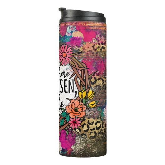 Hij heeft Paashoorns verrezen Thermosbeker (Geroteerd rechts)