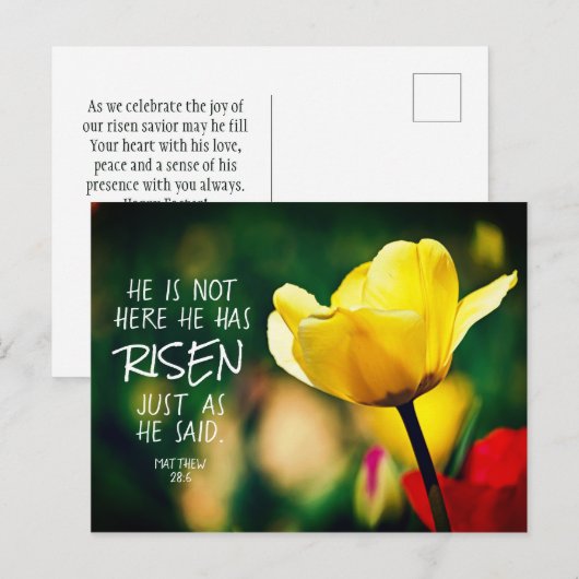 Hij heeft RISEN Bible Verse Tulips Paastijd Briefkaart (Voorkant / Achterkant)