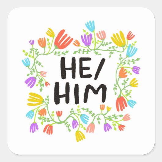 HIJ / HEM Pronouns Floral Handlettering Set of Vierkante Sticker (Voorkant)