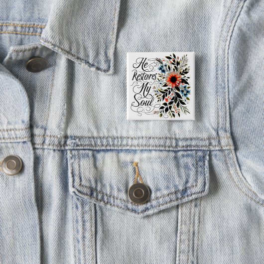 Hij herstelt mijn bloemige schil vierkante button 5,1 cm (In situ)