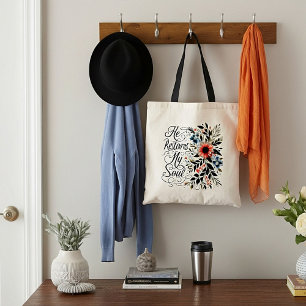 Hij herstelt mijn ziel bloemrijk tote bag