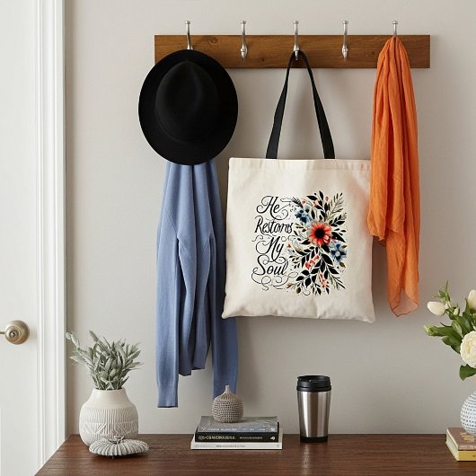 Hij herstelt mijn ziel bloemrijk tote bag