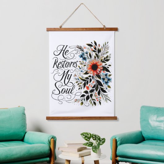Hij herstelt mijn ziel in bloei hangend wandkleed (Woonkamer)