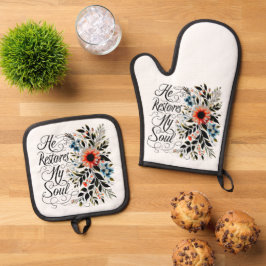 Hij herstelt mijn ziel in bloei ovenwant & pannenlap set