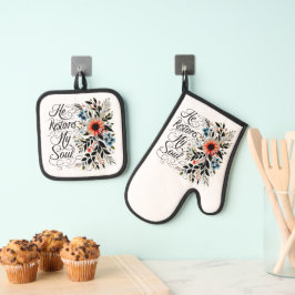 Hij herstelt mijn ziel in bloei ovenwant & pannenlap set