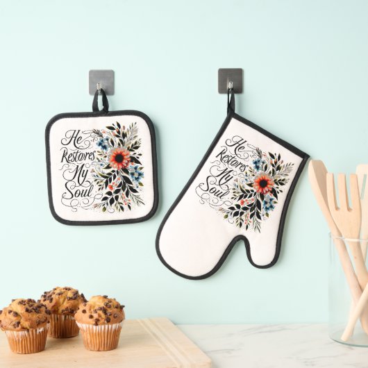 Hij herstelt mijn ziel in bloei ovenwant & pannenlap set (Insitu(Ophanging))