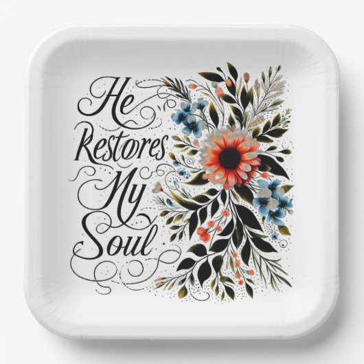 Hij herstelt mijn ziel in bloei papieren bordje (Voorkant)