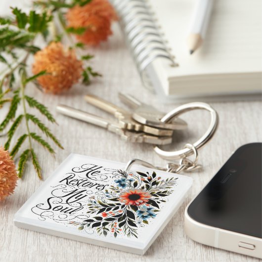 Hij herstelt mijn ziel in bloei sleutelhanger (Voorkant Rechts)