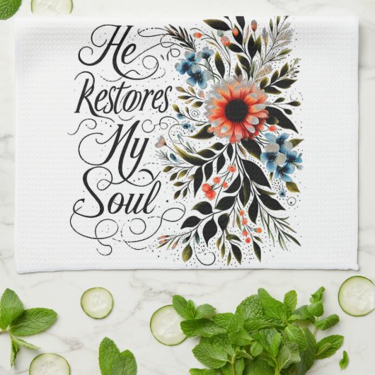 Hij herstelt mijn ziel in bloei theedoek (Gevouwen)