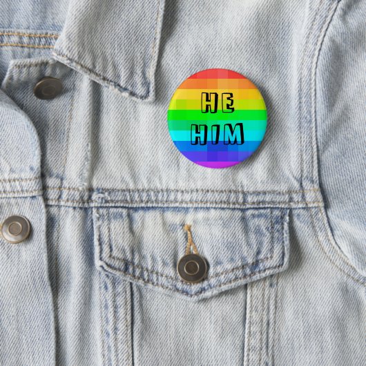 Hij Him Pronouns LGBTQ Rainbow Button (In situ)