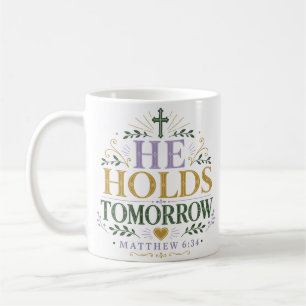 Hij houdt de dag van morgen Daily Faith Devotionel Koffiemok