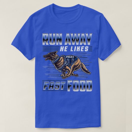 Hij houdt van snelle voedselpolitie K9 Service. T-shirt (Design voorkant)