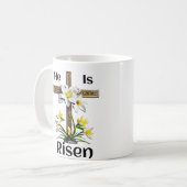 Hij is Christelijk met het Paaskruis Lilies Koffiemok (Voorkant links)