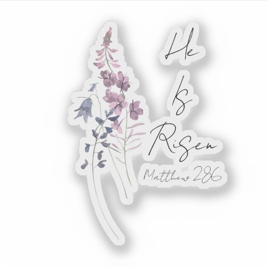 Hij is de Paarse Floral Script Pasen Sticker (Voorkant)