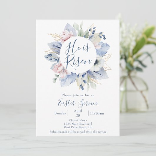 Hij is de Risen Floral Wreath Church Paasdienst Kaart (Staand voorkant)