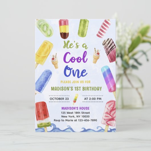 Hij is een Cool One Boy Popsicle 1st Birthday Part Kaart (Staand voorkant)
