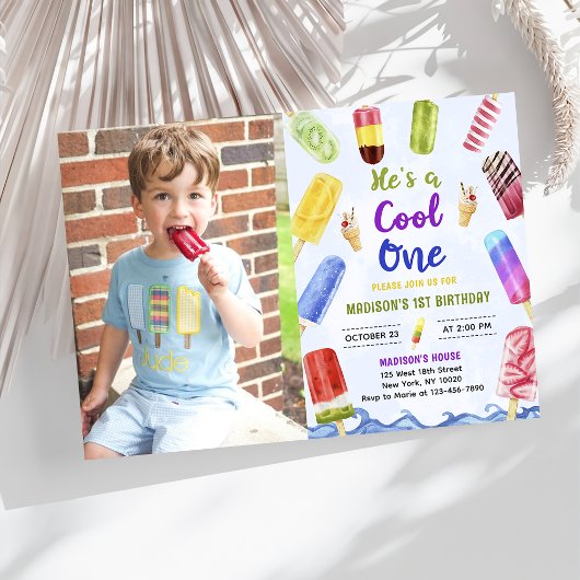 Hij is een coole One Boy Popsicle 1st Birthday Pho Kaart