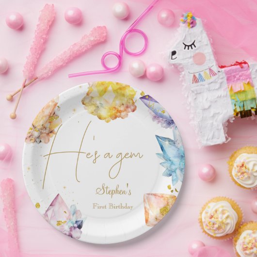 Hij is een Gem Verjaardagskristallen Jongens water Papieren Bordje (Feest)
