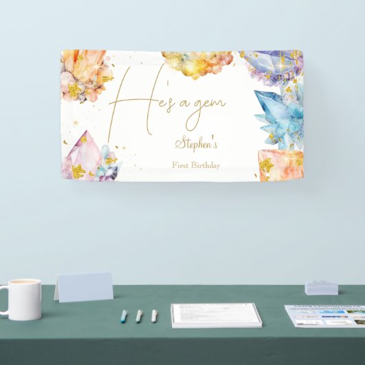 Hij is een Gem Verjaardagskristallen Jongens water Spandoek (Beurs)