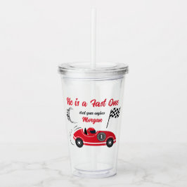 Hij is een snelle en feestelijke rode race auto ve acryl drinkbeker